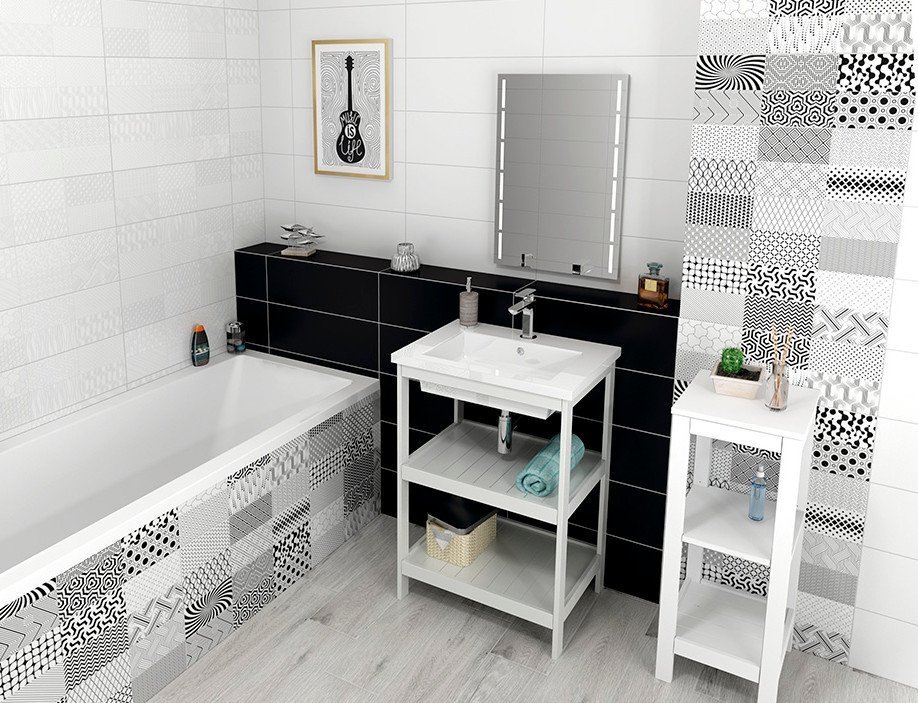 #Koupelna #Kuchyně #Black and White #Patchwork #bílá #černá #Velký formát #Lesklý obklad #500 - 700 Kč/m2 #Aqualine #Camaleonte